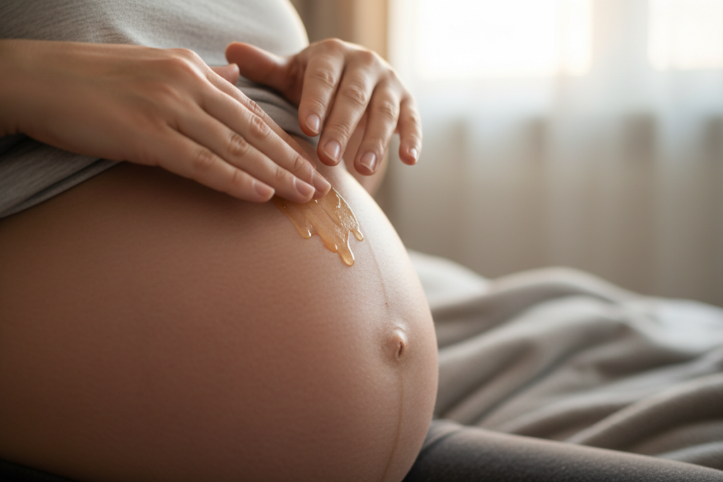 a mums belly with her puttting oil into stretch marks 